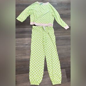 New Honeydew Womens Long Sleeve Check Pajama Shirt Pants Set Green White Size XS